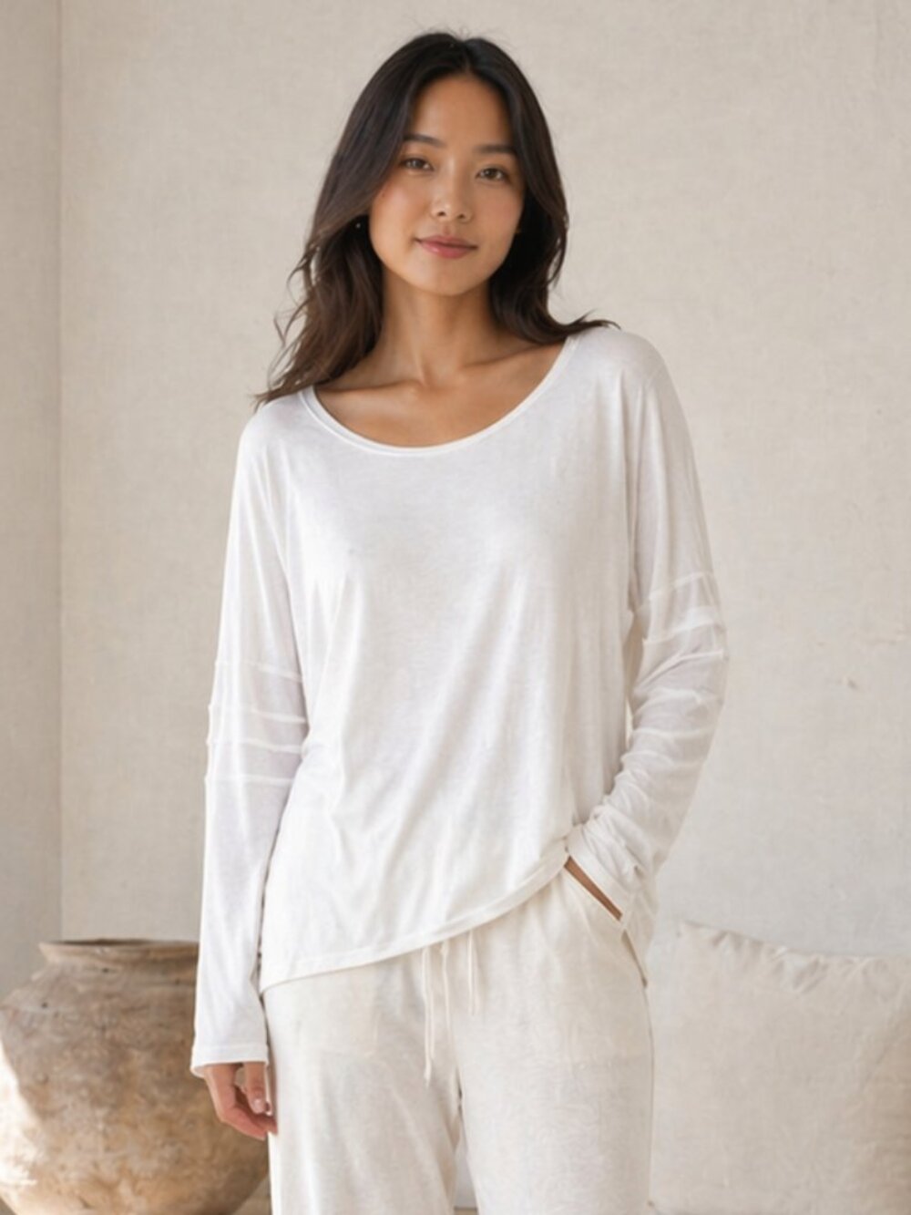 Vince White Long Sleeve Blouse Size Small Scoop Neck Mesh Detail Lightweight Top